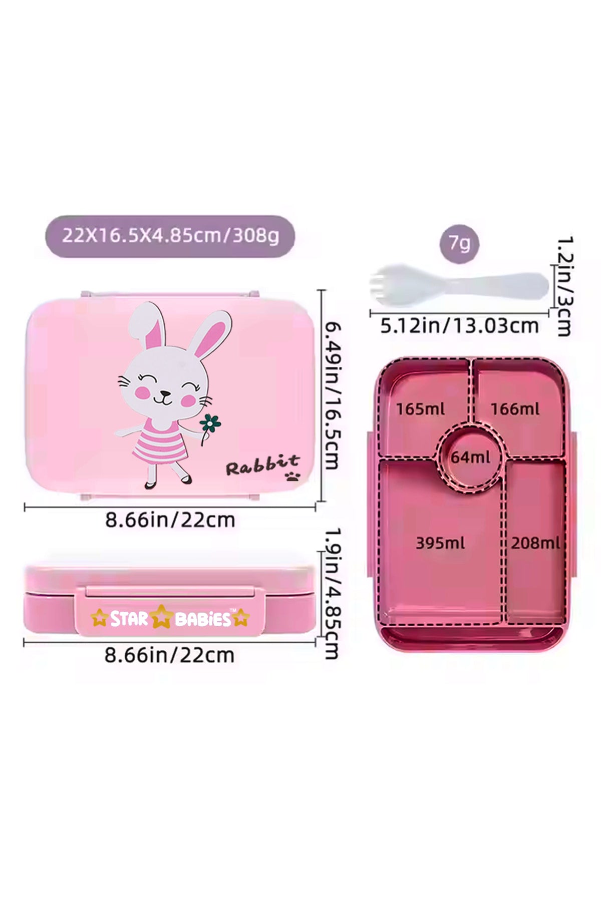 Star Babies 16-Inch Cute Rabbit Themed Children's Backpack with Adjustable Shoulder Strap for Hiking Large with 500 ml Stainless Steel Water Bottle and Bento Lunch Box with 4 Compartments, Leak-Proof, Toddler-Friendly, 3 Years+, Pack of 3