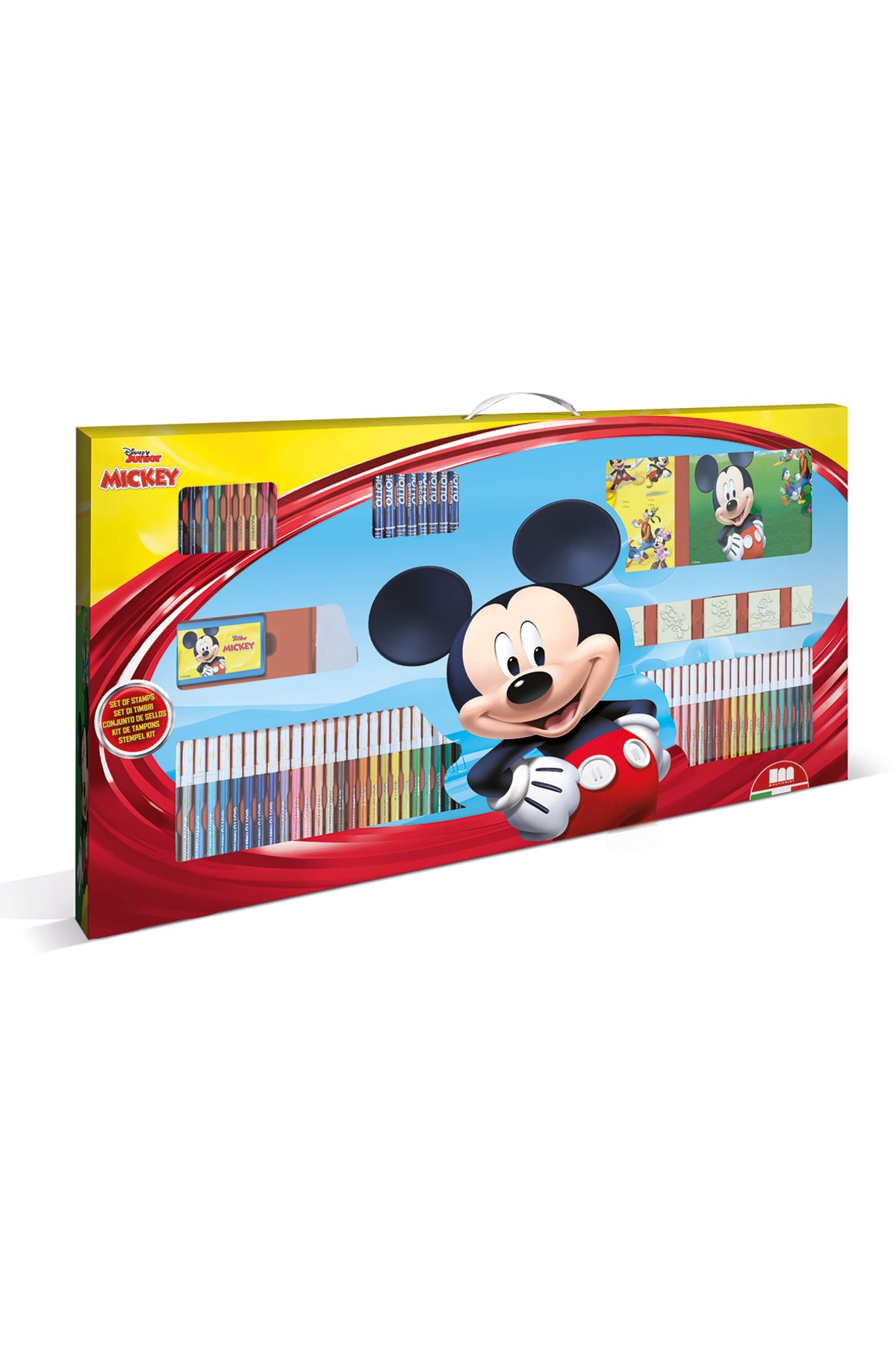 Disney Mickey Mega Stationery Set – 60 Washable Felt Pens, 10 Pencil Crayons, 10 Wax Crayons, 6 Stamps, Ink Pad, Coloring & Notebook, 30 Stickers – Kids Arts & Crafts Set