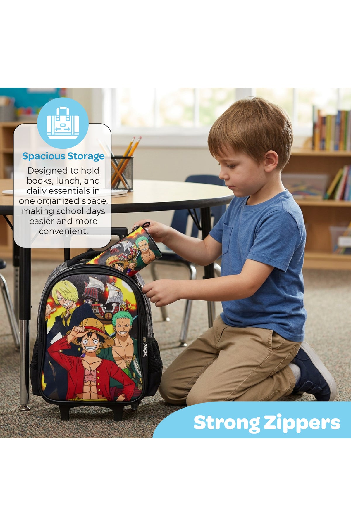 MOON Licensed One Piece 3 in 1 Kids Trolley Set   - (16-Inch) Premium Kids School Bag with Lunch Bag & Pencil Case- Black