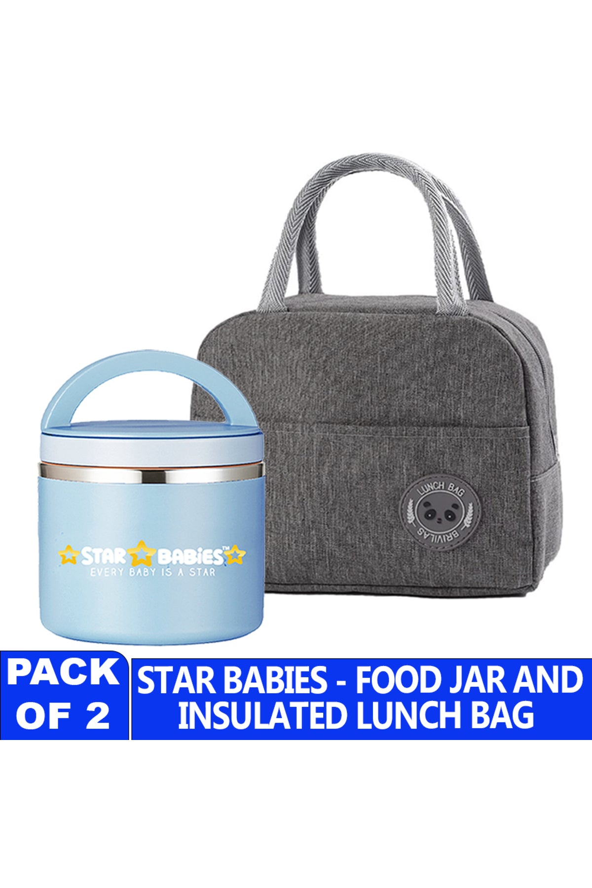 Star Babies Insulated Mini Lunch Bag with Stainless Steel Food Jar- Gray