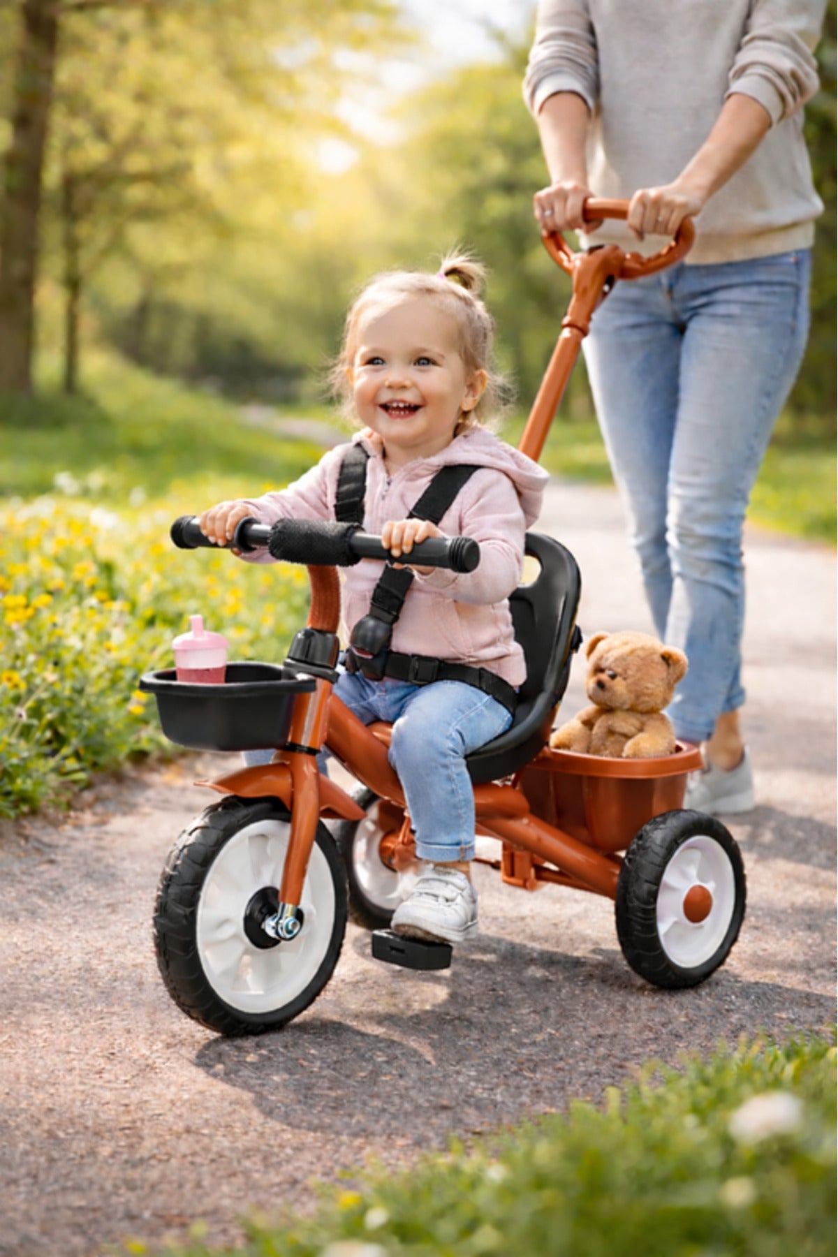 StarMarz Kids Tricycle with Push Handle | Toddler Ride-On Bike with Safety Seat, Backrest & Storage Basket | Baby Trike for Boys & Girls (1–4 Years) - Brown