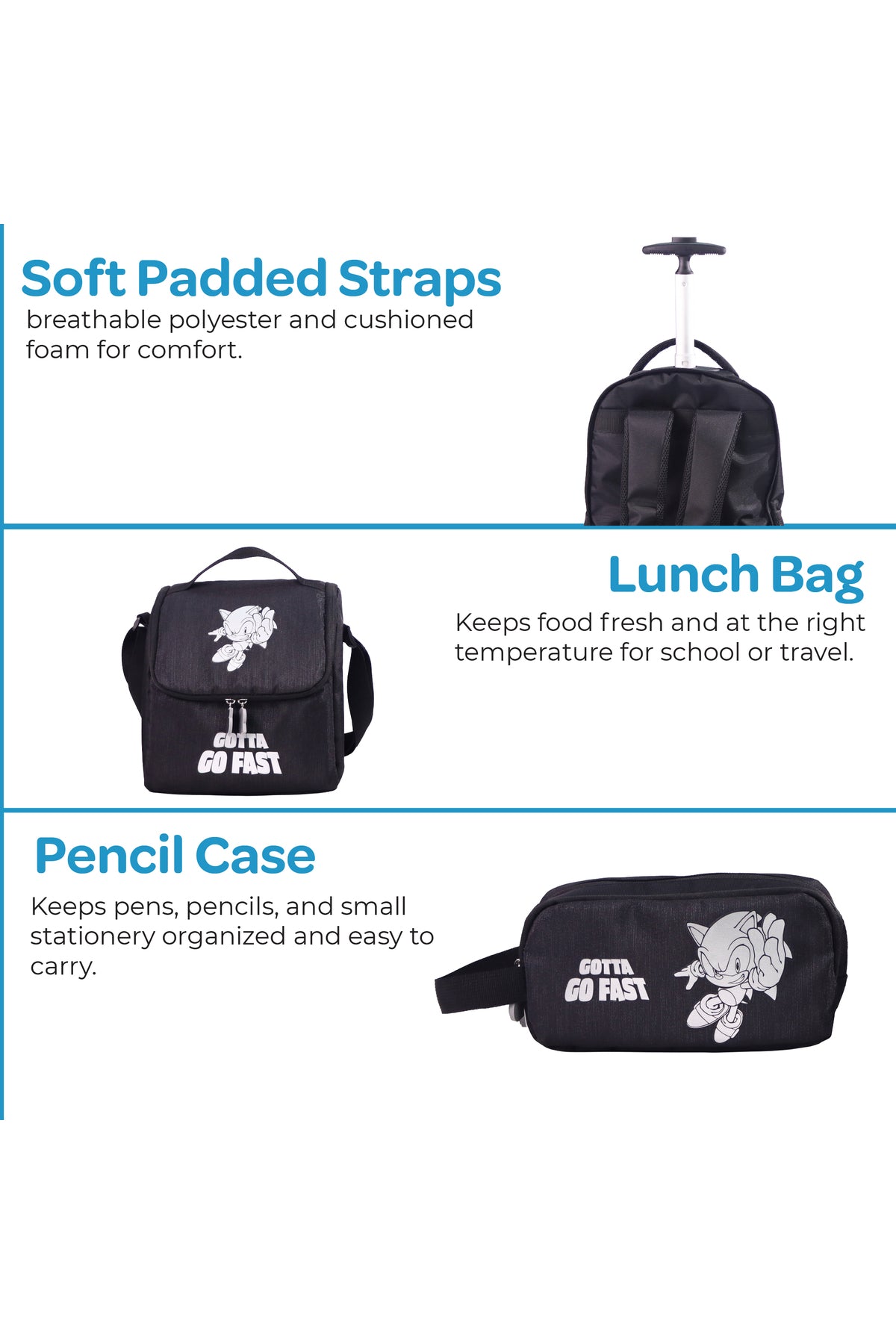 MOON Licensed SONIC  the Hedgehog 3-in-1 Kids Trolley Backpack Set - (18-Inch) Premium Kids School Bag with Lunch Bag & Pencil Case-Black&Grey