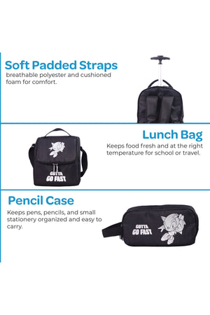 MOON Licensed SONIC  the Hedgehog 3-in-1 Kids Trolley Backpack Set - (18-Inch) Premium Kids School Bag with Lunch Bag & Pencil Case-Black&Grey
