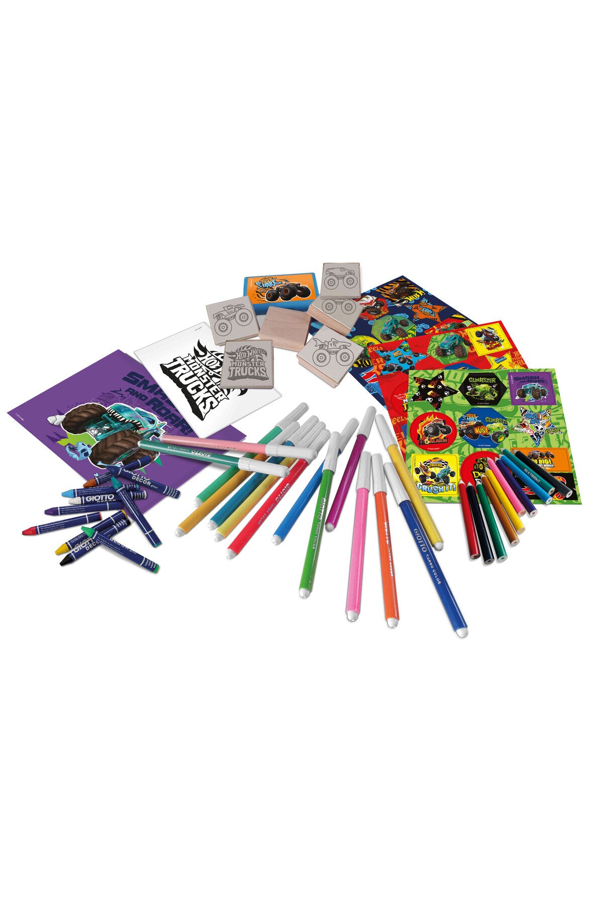 Monster Truck Mega Maxi Art & Stamp Set for Kids – 6 Wooden Rubber Stamps, Washable Ink Pad, 60 Washable Colour Markers, Crayons, Colouring Book, Notebook & Stickers