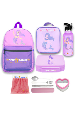 Star Babies Set of 4 – Little Mermaid Theme 16" School Bag, 4-Compartment Lunch Box, Insulated Lunch Bag, 500ml Water Bottle