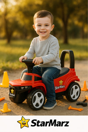StarMarz Red Construction Ride-On Car – Foot-to-Floor Baby Push Car with Steering Wheel, Backrest & Smooth Wheels – Indoor/Outdoor Toddler Ride-On Toy (1–4 Years) – Tool & Cone Play Set-RED