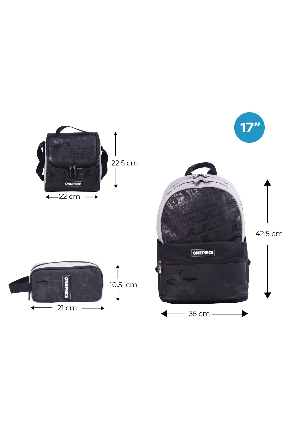 MOON Licensed One Piece 3-in-1 Kids School Backpack set    - (17-Inch) Premium Kids School Bag with Lunch Bag & Pencil Case-Black&Grey