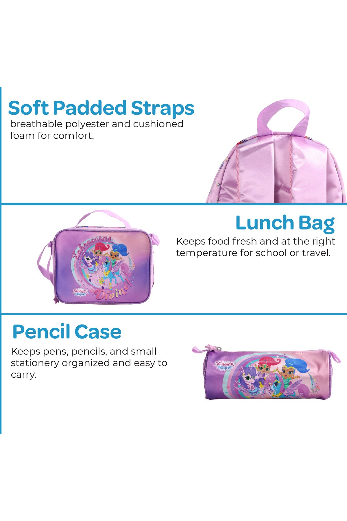 MOON Licensed Shimmer and Shine 3 in 1 KidsBackpack Set  - (13-Inch) Premium Kids School Bag with Lunch Bag & Pencil Case-Purple