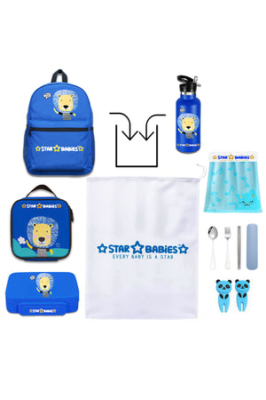 Star Babies Set of 4 – Brave Lion Theme 16" School Bag, 4-Compartment Lunch Box, Insulated Lunch Bag, 500ml Water Bottle