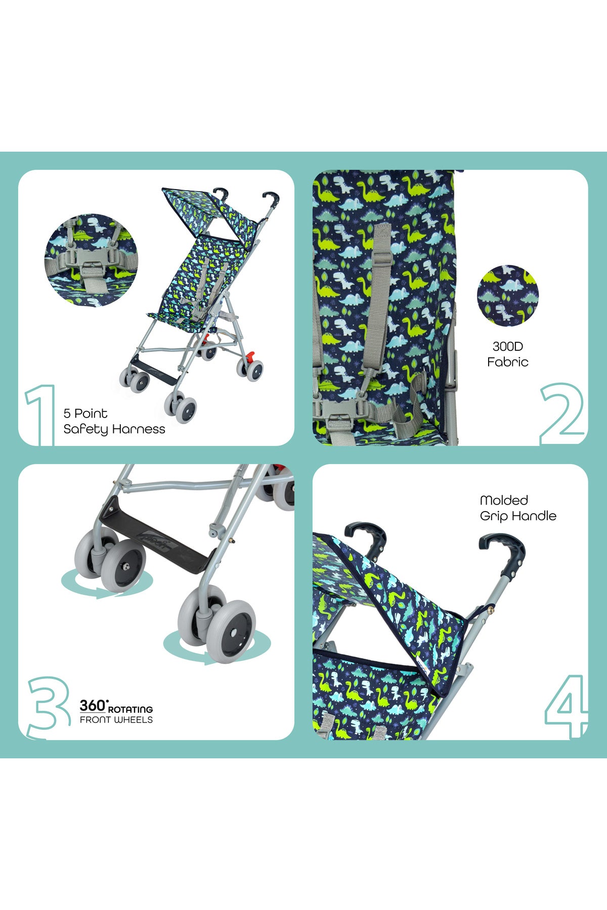 MOON - Jet Ultra Light Weight Fold Buggy Stroller Buggy - Printed Dino