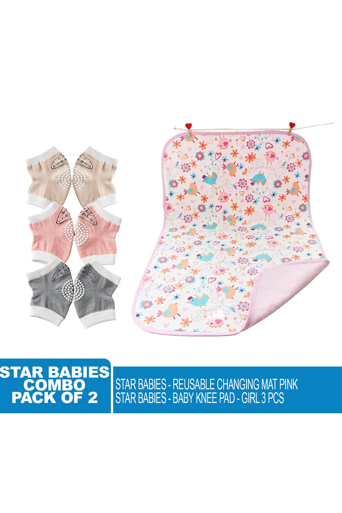 Star Babies - Combo Pack Of 2- Girls Anti-Slip Crawling Kneepads Pack Of 3 With Reusable Changing Mats - Pink