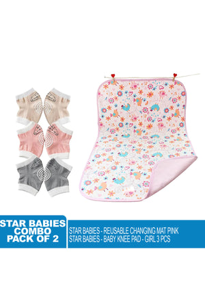 Star Babies - Combo Pack Of 2- Girls Anti-Slip Crawling Kneepads Pack Of 3 With Reusable Changing Mats - Pink