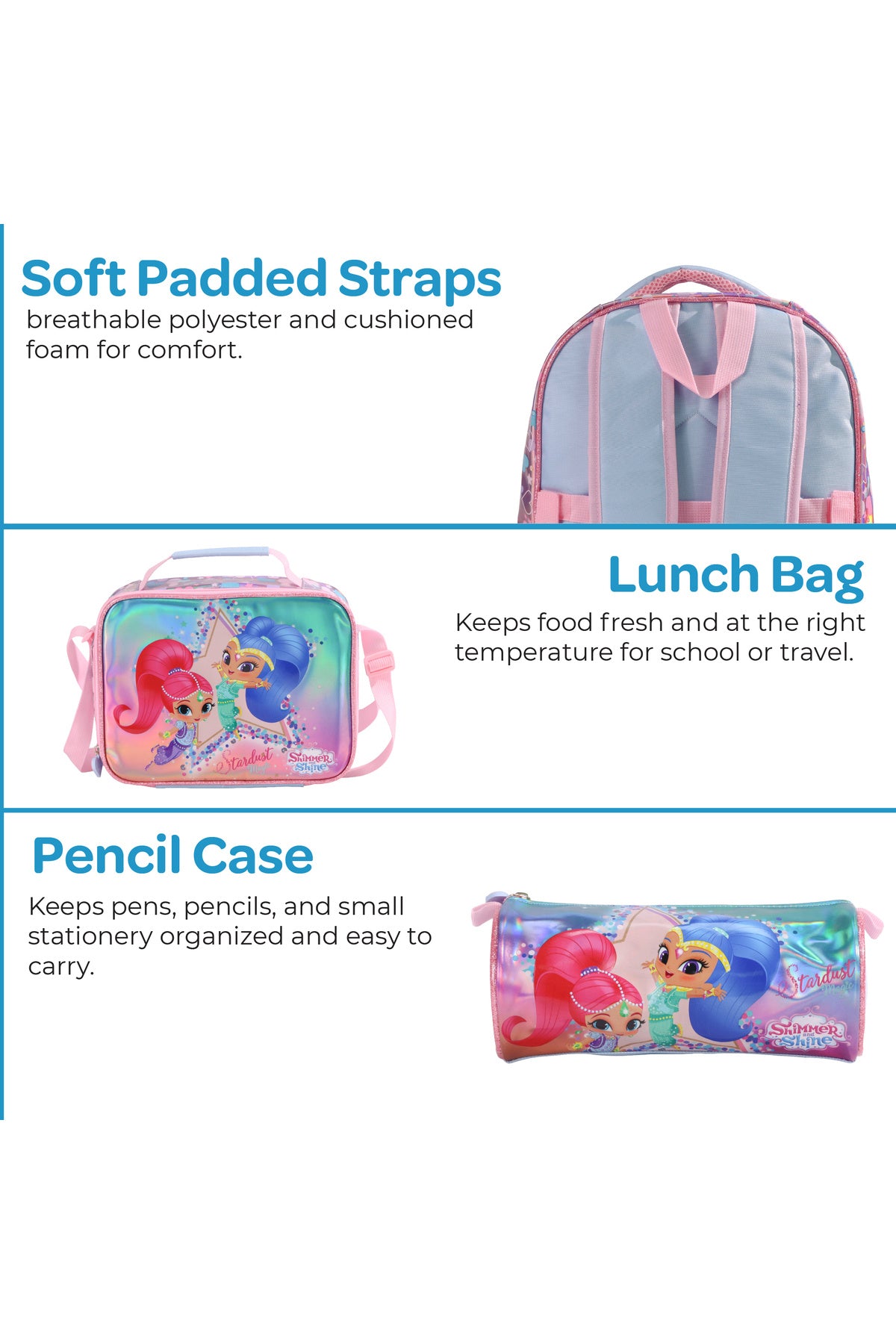 MOON Licensed  SHIMMER & SHINE  3 in 1 Kids Backpack Set  - (16-Inch) Premium Kids School Bag with Lunch Bag & Pencil Case-Pink&Blue