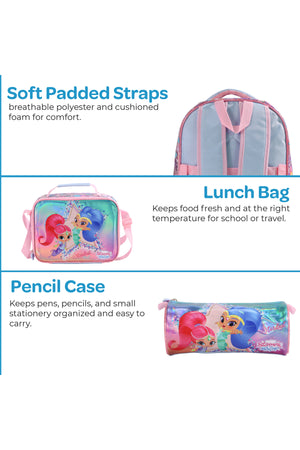 MOON Licensed  SHIMMER & SHINE  3 in 1 Kids Backpack Set  - (16-Inch) Premium Kids School Bag with Lunch Bag & Pencil Case-Pink&Blue