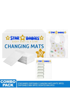 Star Babies - Changing Mats 30pcs, Bibs 30pcs and Scented Bag 5pcs - White