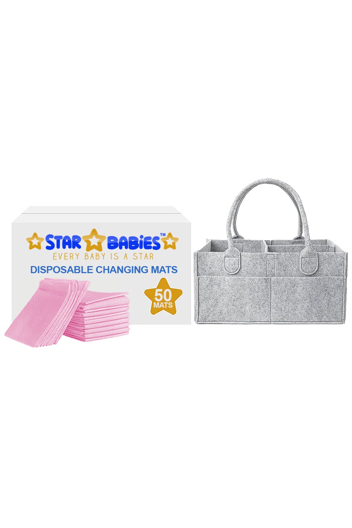 Star Babies - Disposable Changing Pads With Baby Diaper Caddy Organizer 50Pcs - Pink Grey