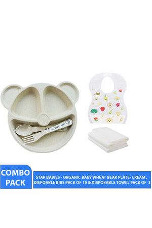Star Babies - Baby Plate & Disposable Towel 3pcs & Bibs 10pcs - Cream