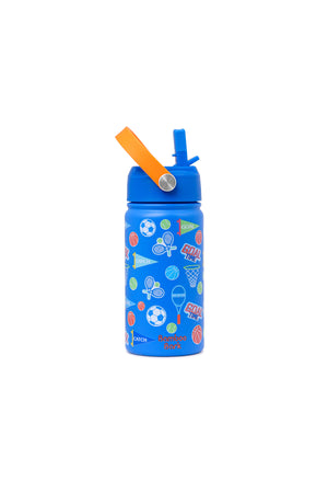 Bamboo Bark Insulated Water Bottle for Kids, 400ml Stainless Steel with Straw Lid, BPA Free Leak Proof School Water Bottle for Boys and Girls, Travel & Outdoor Use (Sports Print)