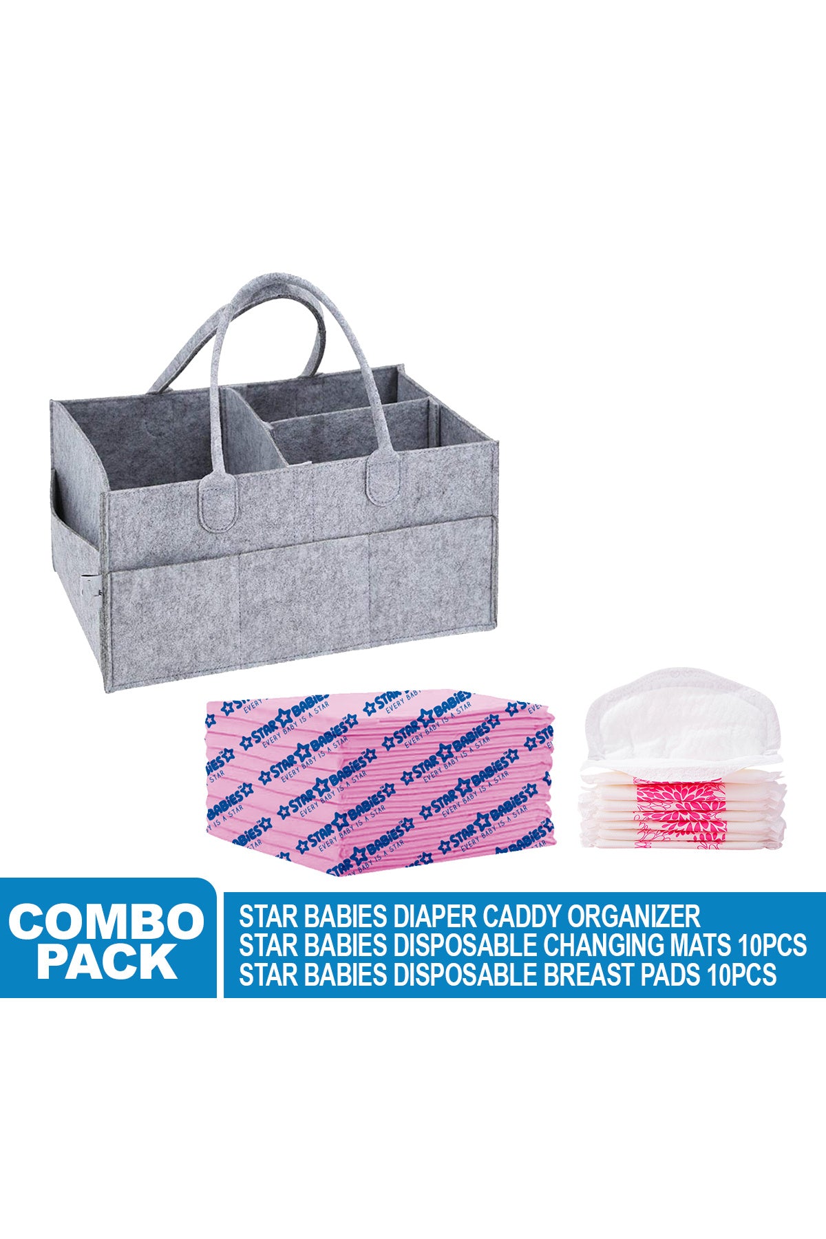 Star Babies - Caddy Diaper Organizer w/ Breast Pad - 10pcs & Changing Mat - 10pcs