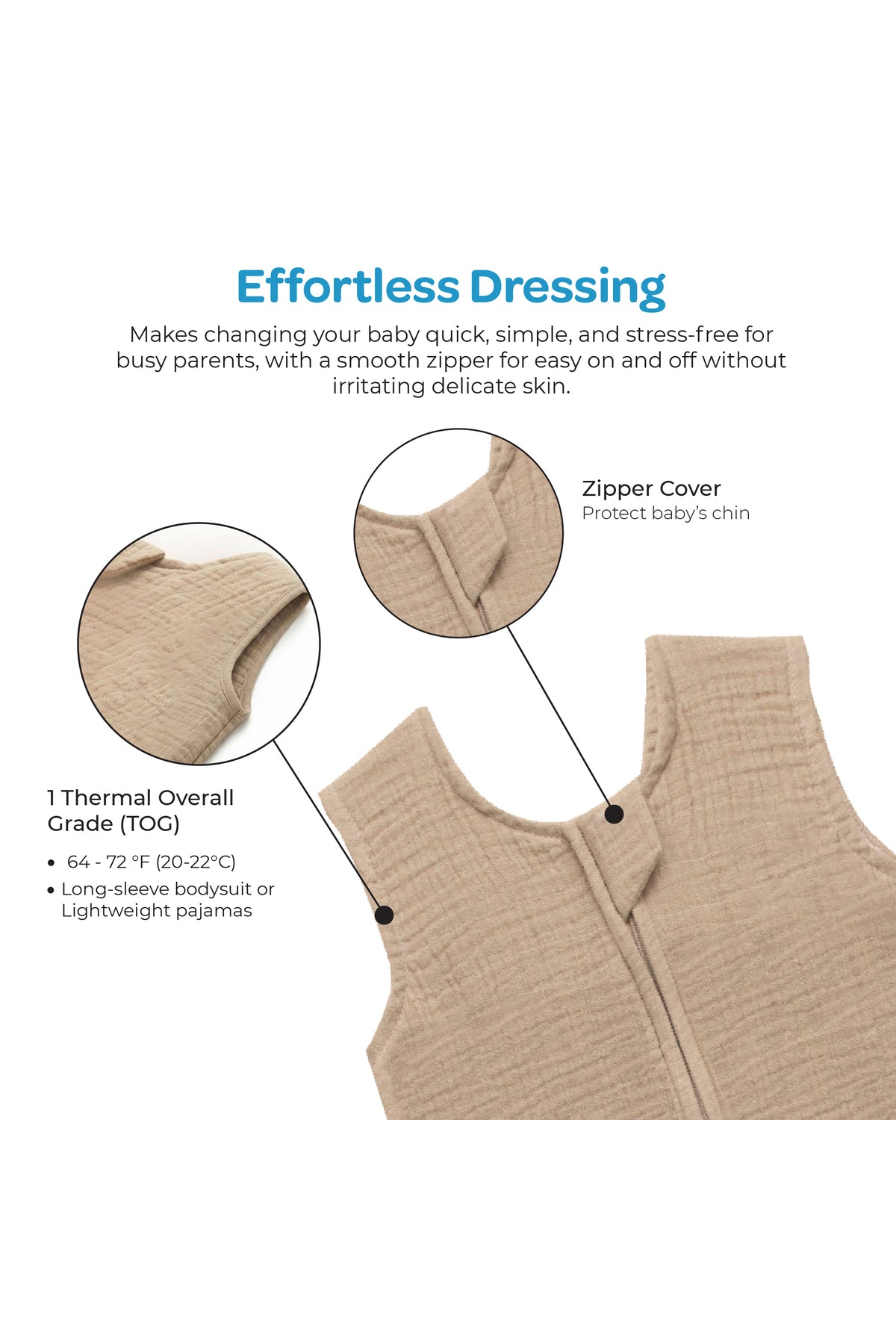 MOON Organic Crinkle Muslin Sleep sack  1 Tog (0-6 Months )-Brown