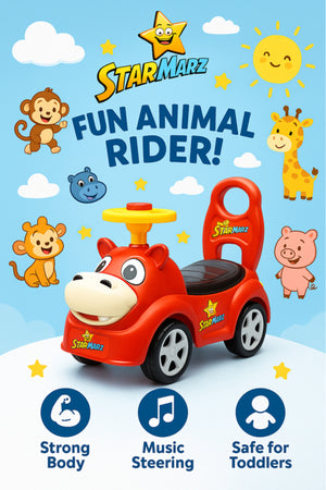 StarMarz Animal Ride-On Car – Cute Foot-to-Floor Baby Push Car with Fun Cartoon Face, Steering Wheel & Backrest – Durable Indoor/Outdoor Ride-On Toy for Toddlers (1–4 Years) – Red