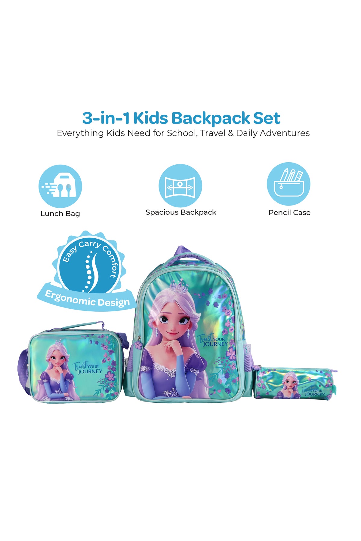 MOON Elsa  3 in 1 Kids Backpack Set   - (16-Inch) Premium Kids School Bag with Lunch Bag & Pencil Case-