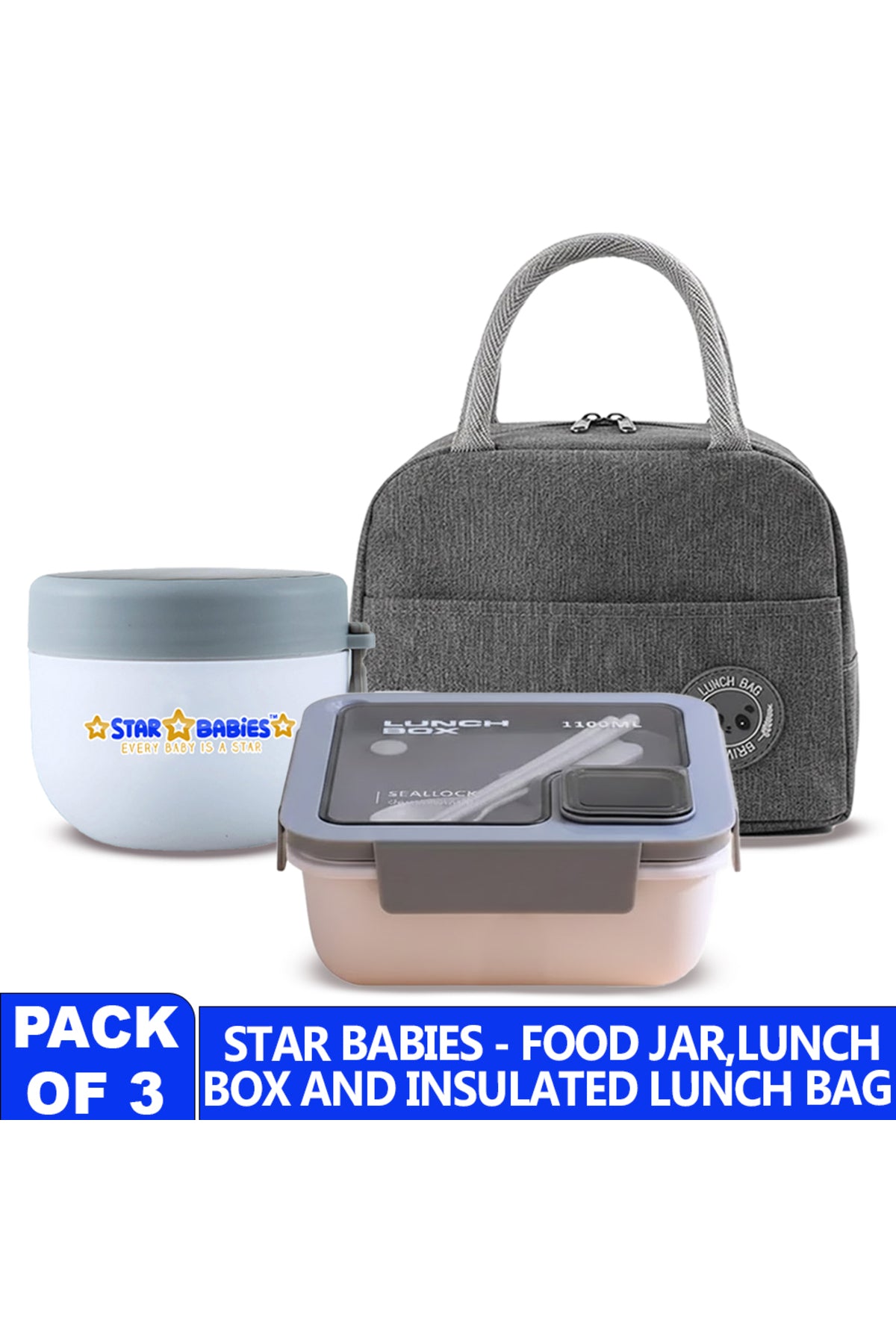 Star Babies 3-in-1 School Lunch Combo – Insulated Lunch Bag, Leak-Proof Bento Lunch Box, and  Stainless Steel Mini Food Jar Set for Kids, Toddlers & School