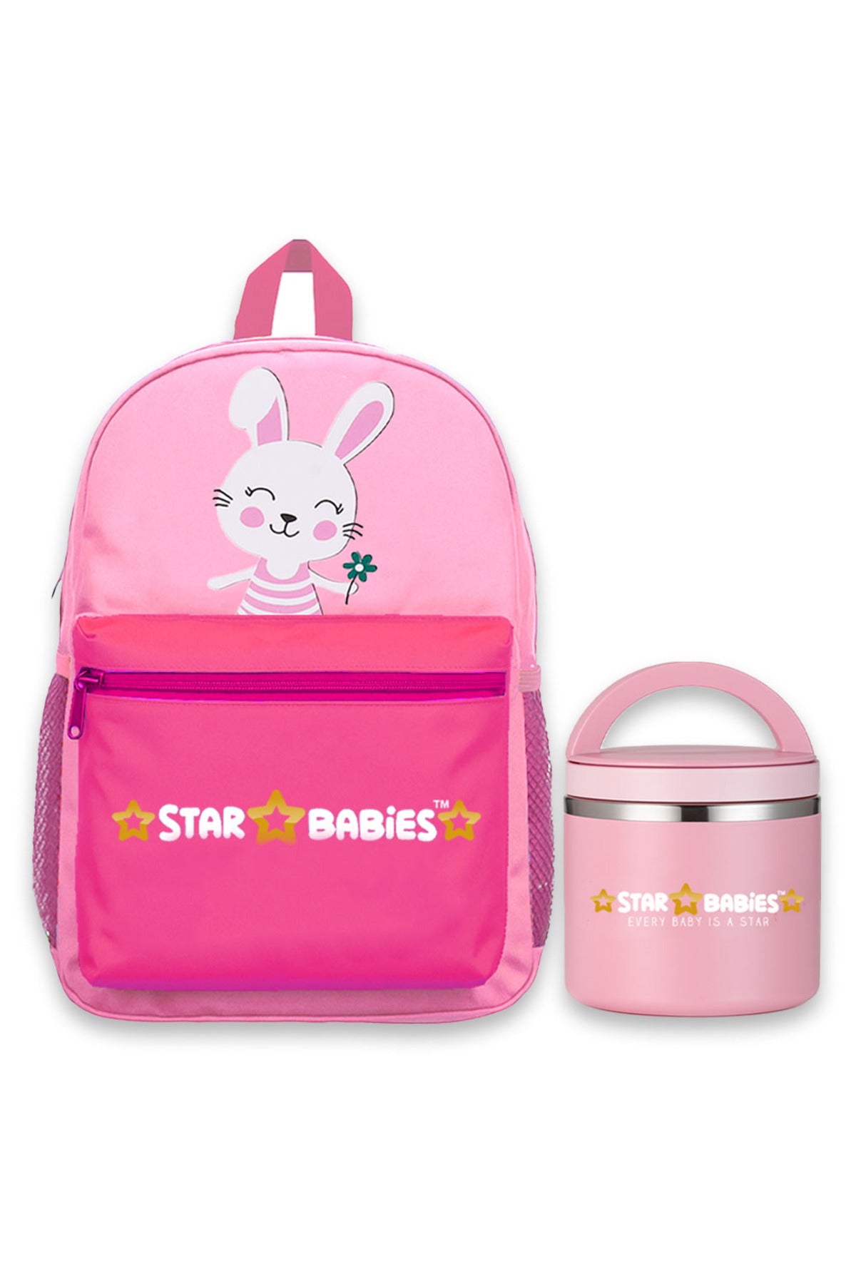 Star Babies Cute Rabbit theme Black 16-Inch Children's Backpack for boys Adjustable Shoulder Strap- Pink With food jar , Pink -500ml