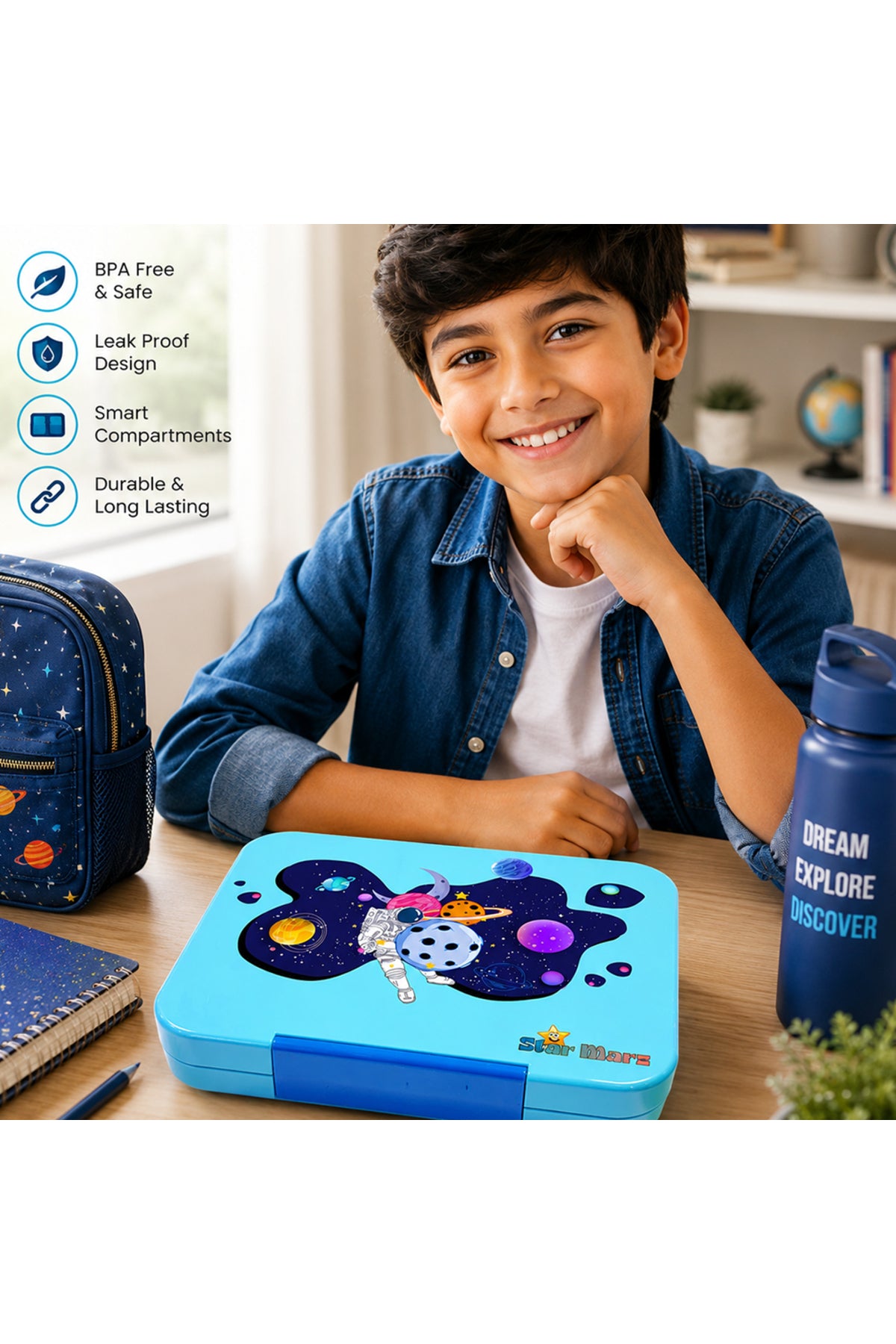 StarMarz - Blue Space Bento Glitter Lunch Box with Plastic Water Bottle Super Boy (480ml) - Blue