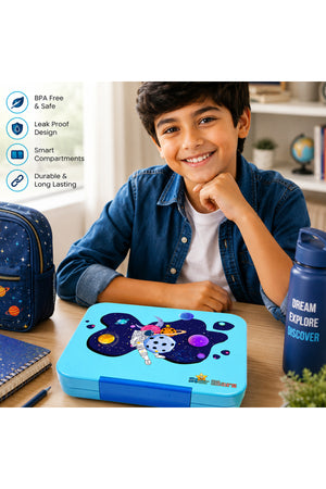 StarMarz - Blue Space Bento Glitter Lunch Box with Plastic Water Bottle Super Boy (480ml) - Blue