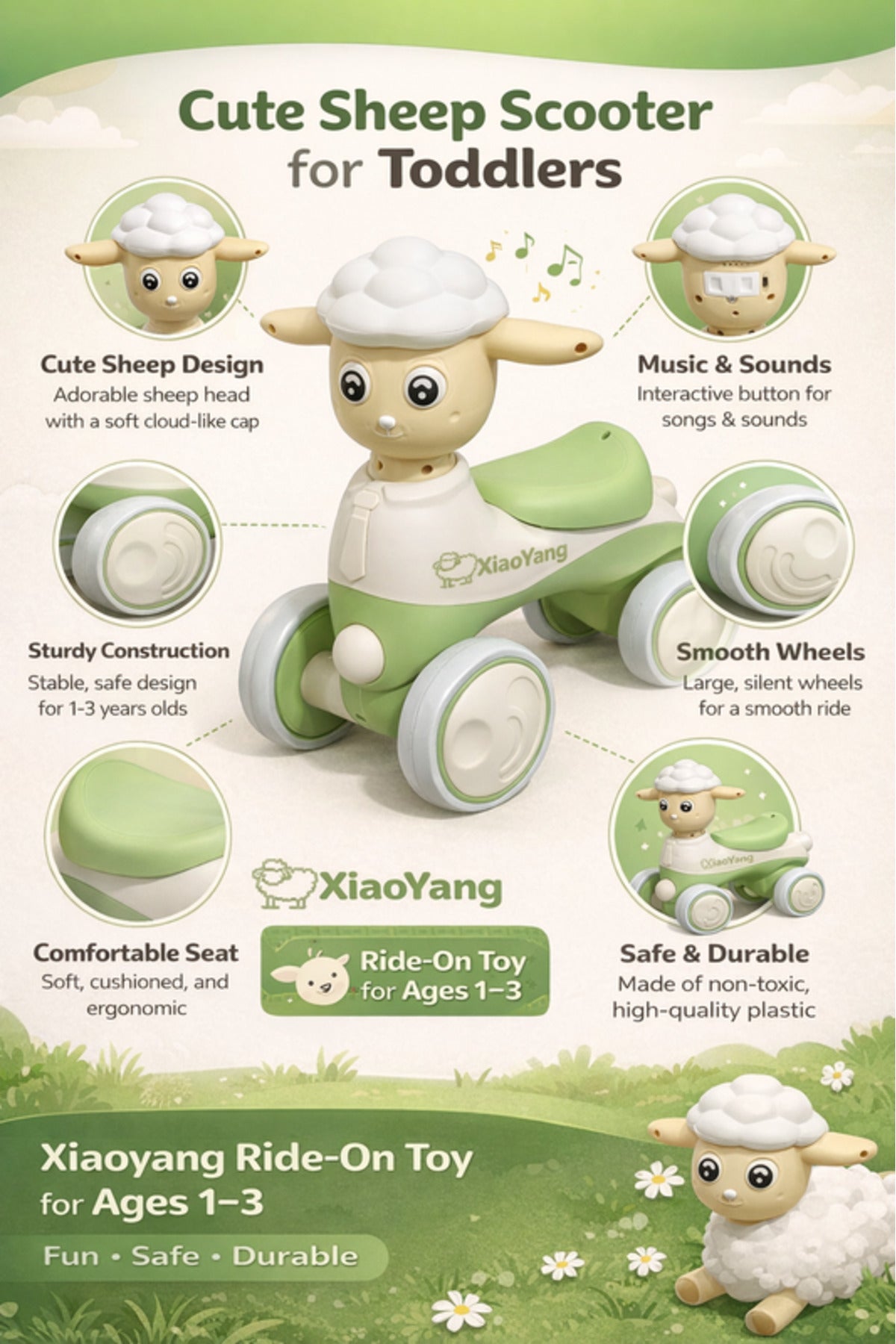 StarMarz Musical Animal Ride-On for Toddlers, Cute Sheep Design with Lights & Music, Smooth Wheels, Indoor Baby Ride-On Toy for Kids 1–4 Years - Green