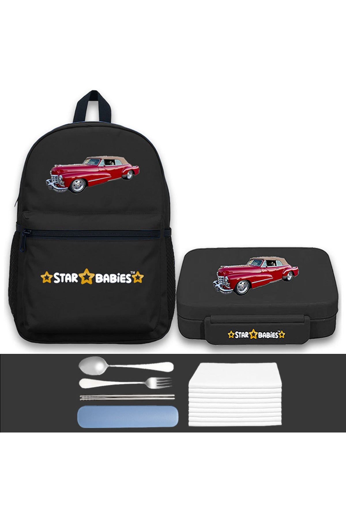 Star Babies 16-Inch Retro Car Themed Children's Backpack for boys Adjustable Shoulder Strap for Hiking Large with Bento Lunch Box with 4 Compartments, BPA Free, Leak-Proof, Toddler-Friendly, 3 Years+ size,Pack of 2
