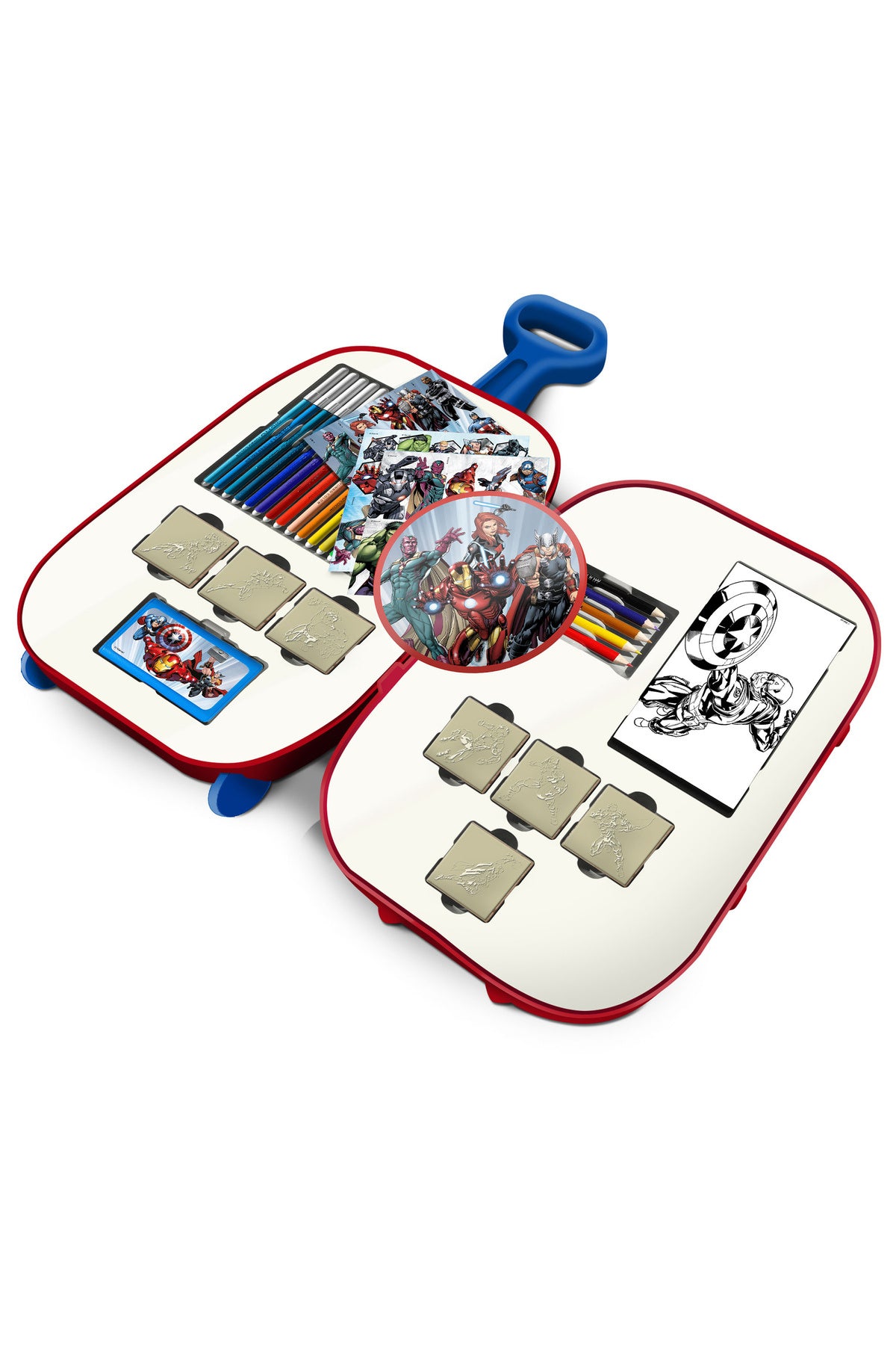 Multiprint Avengers Trolley – Plastic Trolley with Extensible Handle, 7 Stamps, Ink Pad, 18 Washable Felt Pens, Activity Book, Colored Pencils & Stickers – 100% Made in Italy