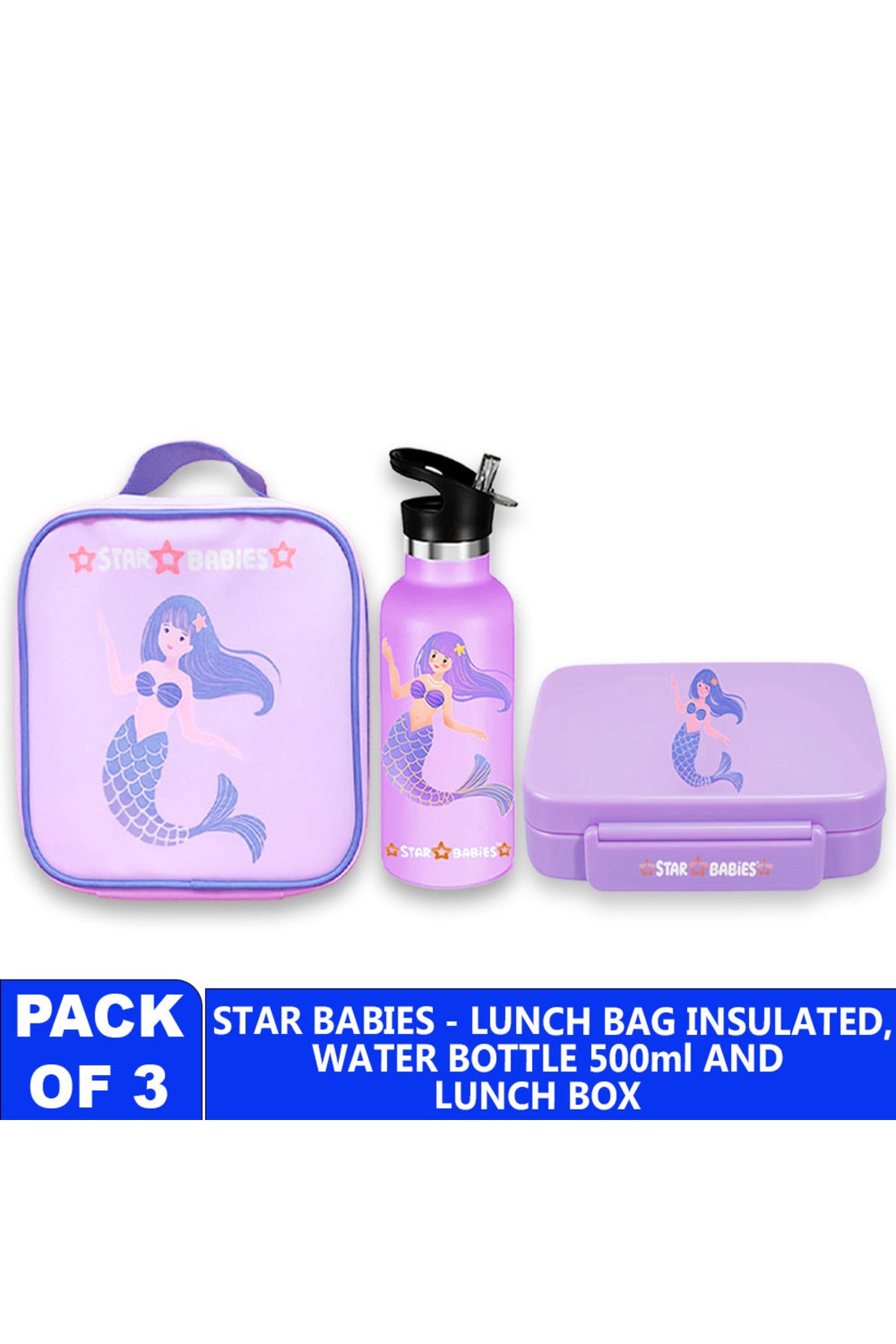 Star Babies- Mermaid themed 5 Compartment Lunch box, Lunch Bag 500ml Stainless Steel Water Bottle