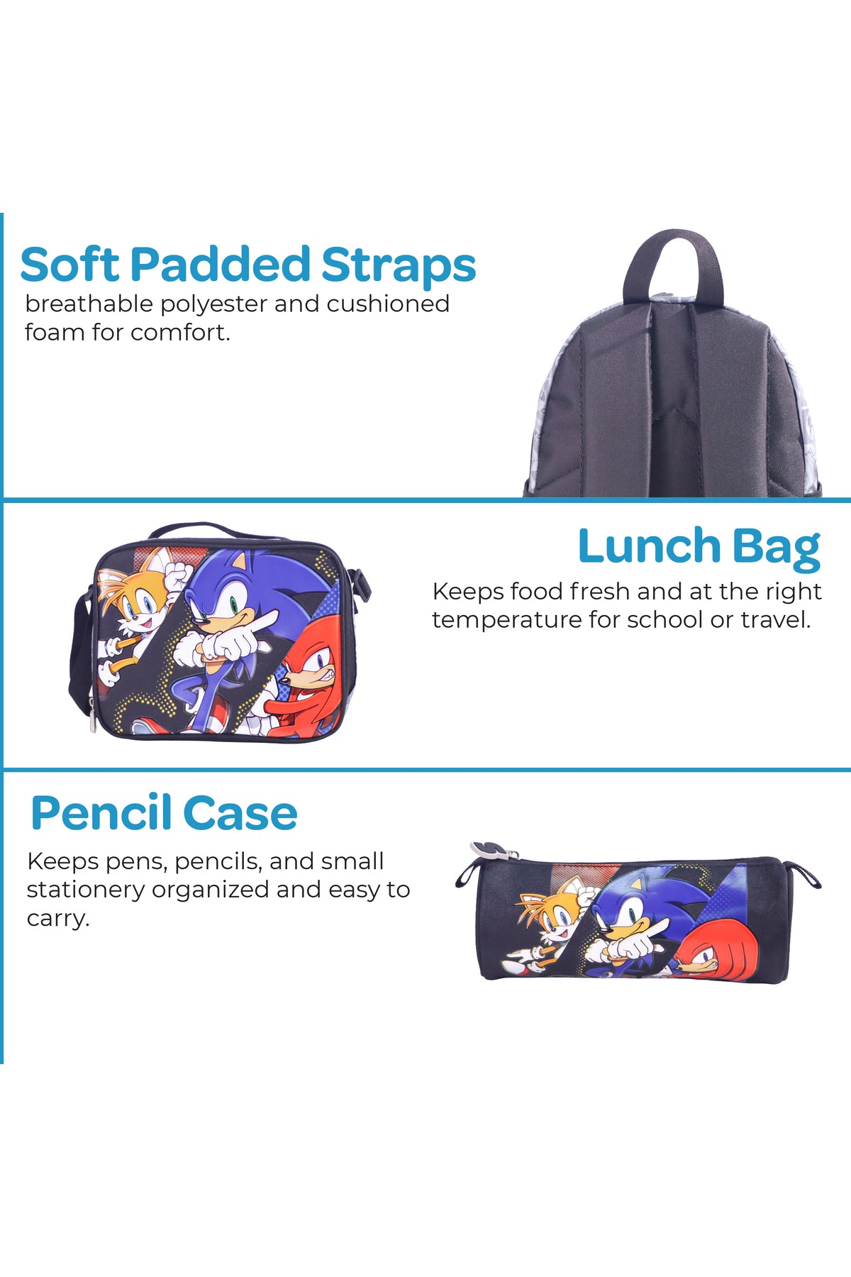 MOON Licensed SONIC  the Hedgehog 3 in 1 Kids Trolley Set   - (17-Inch) Premium Kids School Bag with Lunch Bag & Pencil Case-Black&Grey