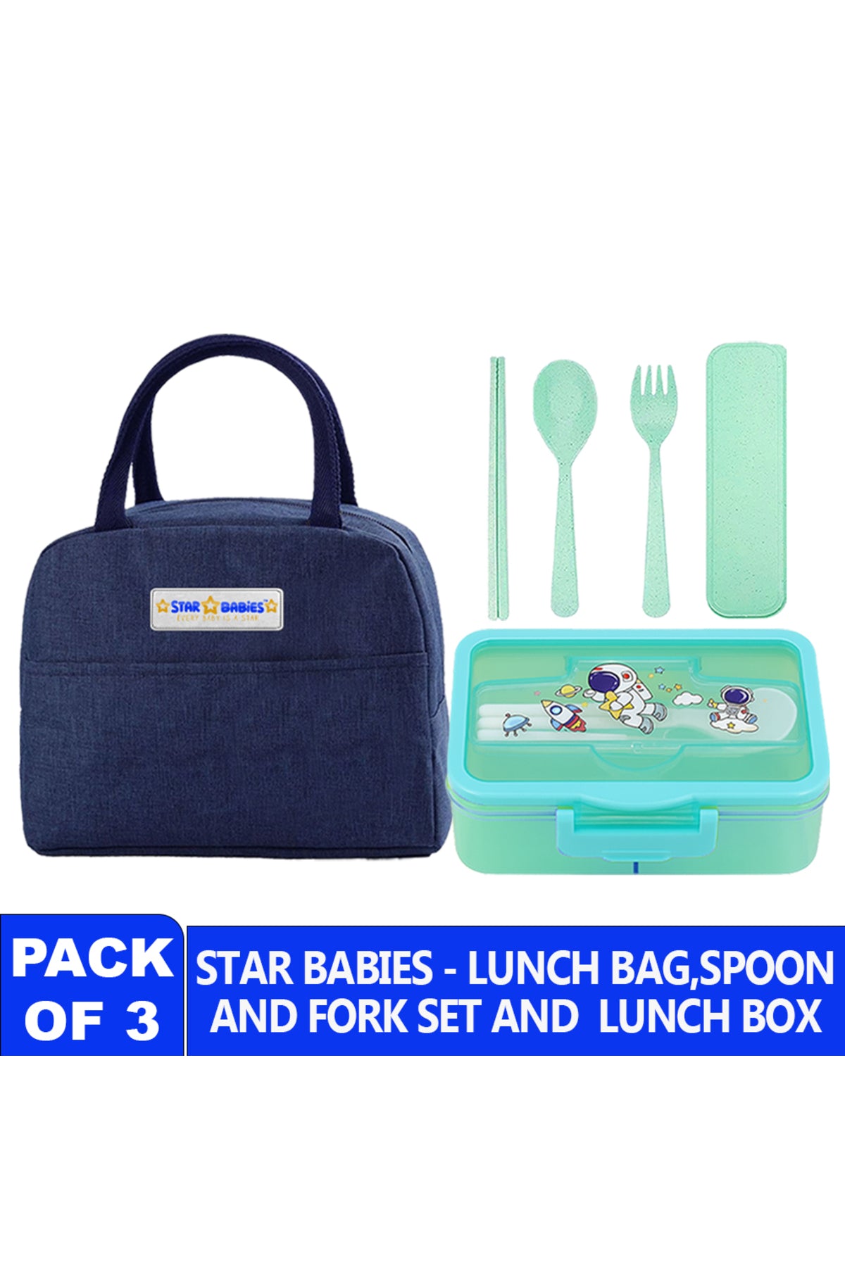 Star babies pack of 3 combo - Insulated lunch bag and 4 compartment lunch box with organic cuttlery set.