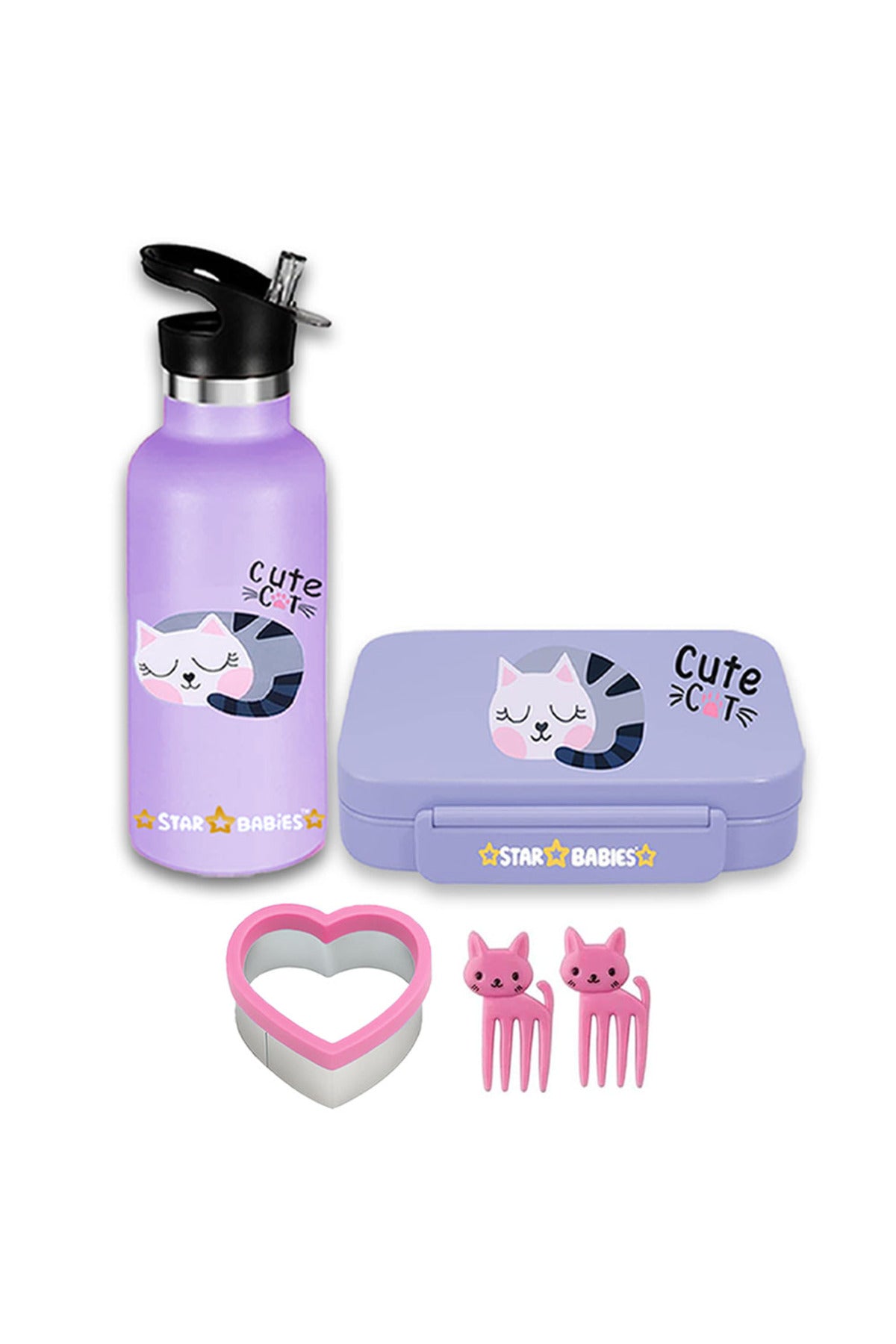 Star Babies Anti spill Cute Cat  themed Stainless Steel 500ml Water Bottles, Vacuum Insulated Double Wall Travel Bottle with Leak-Proof hot and cold with 5 compartment Lunch box along with 2 fruit picks and Sandwich Cutter for free
