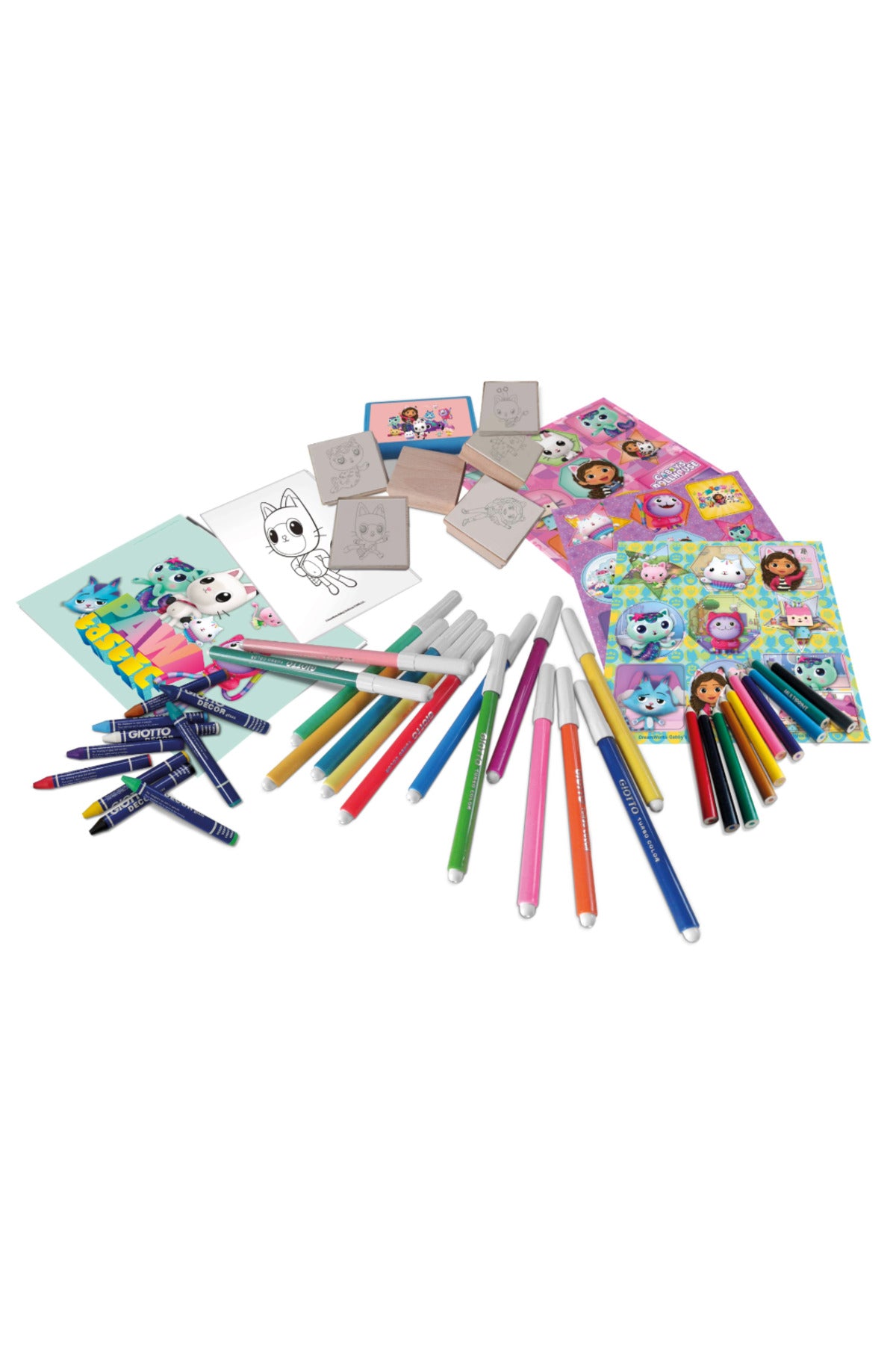 Gabby’s Dollhouse Mega Maxi Art & Craft Set – 60 Washable Markers, 10 Pencil Crayons, 10 Wax Crayons, 6 Wooden Stamps with Ink Pad, Coloring Book, Notebook & 30 Stickers – Kids Creative Stationery Kit
