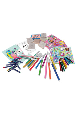 Gabby’s Dollhouse Mega Maxi Art & Craft Set – 60 Washable Markers, 10 Pencil Crayons, 10 Wax Crayons, 6 Wooden Stamps with Ink Pad, Coloring Book, Notebook & 30 Stickers – Kids Creative Stationery Kit