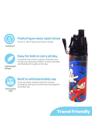 MOON Licensed Sonic Kids Water Bottle with Spray Mist | Cooling Spray | BPA-Free  Stainless Steel | Leak-Proof for School, Camping, Hiking, Outdoor Play | Boys Water Bottle |500ml