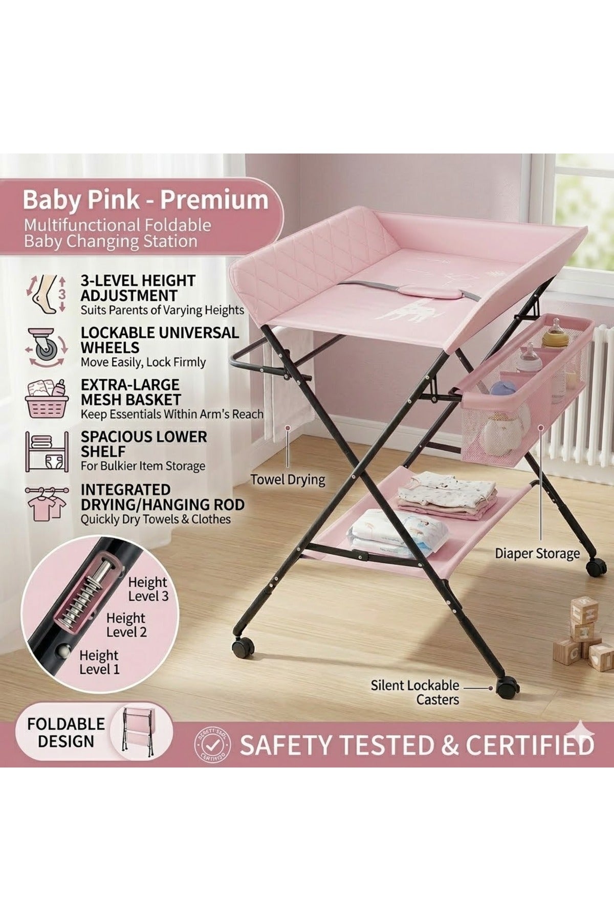Portable Baby Changing Table with Storage Organizer & Wheels – Pink