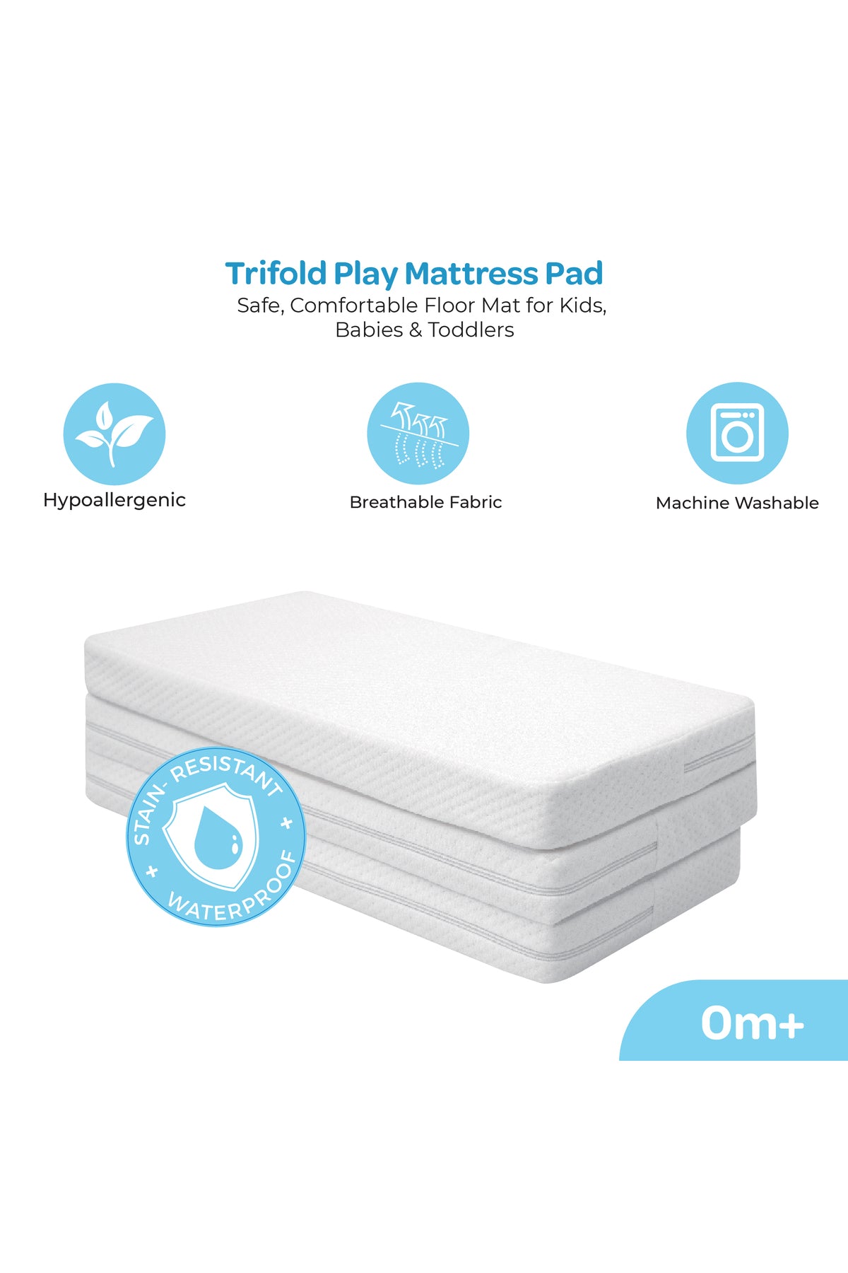 Moon  Trifold Baby Mattress, Dual-Sided Folding Foam Mattress for Newborns & Toddlers (0 Months+)- White