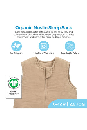 MOON Organic Crinkle Muslin Sleep sack  2.5 Tog (6-12Months )-Brown