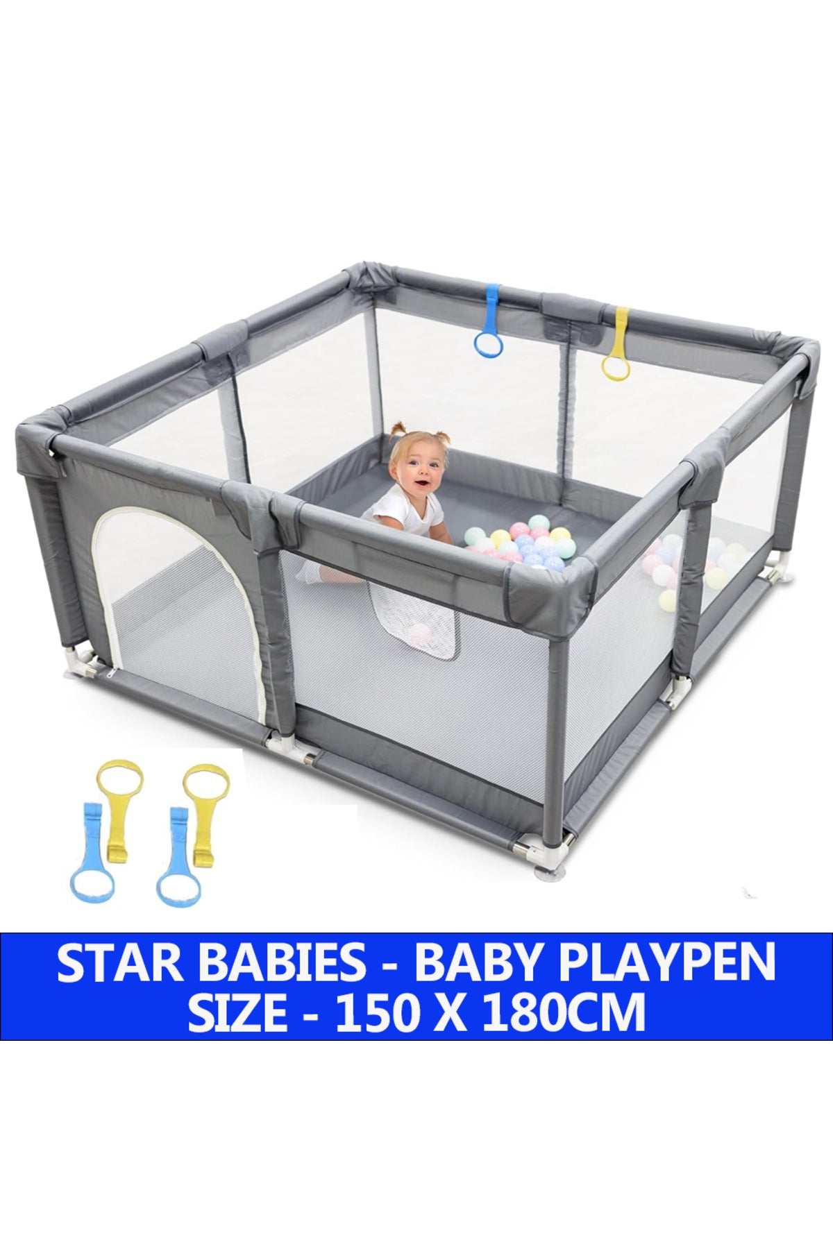 Star Babies - Baby Playpen With 4 Pull-Up Rings - Dark Grey - 180 x 150 cm