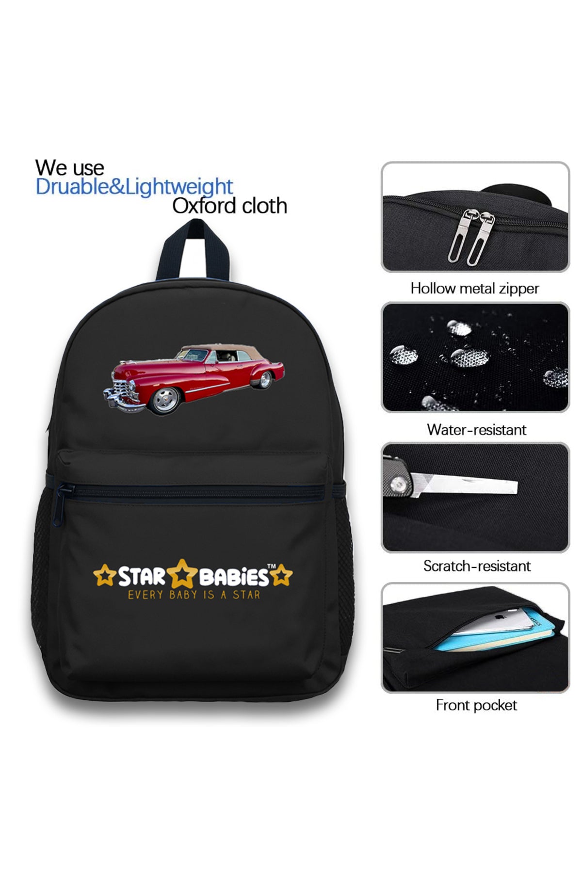Star Babies Set of 4 – Retro Car Theme 16" School Bag, 4-Compartment Lunch Box, Insulated Lunch Bag, 500ml Water Bottle