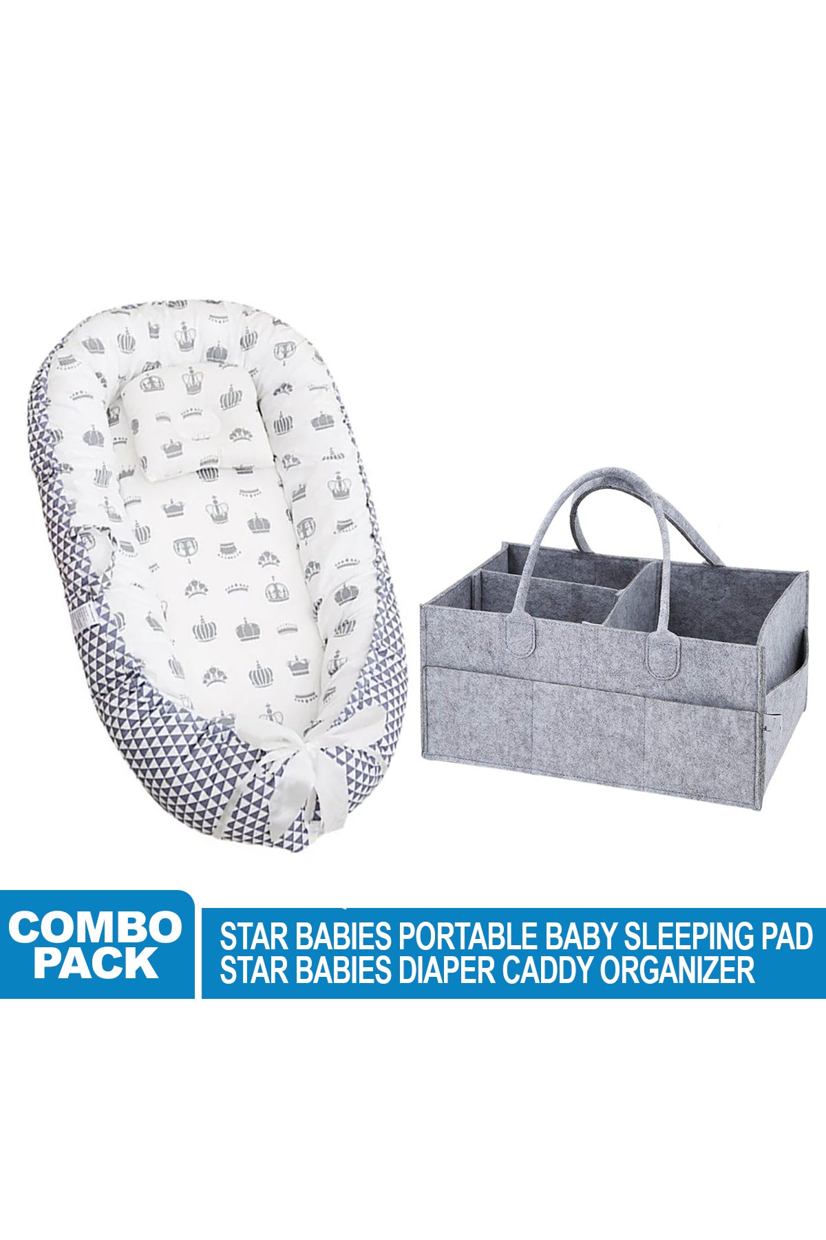 Star Babies - Baby Bed Sleeping Pod - Black w/ Caddy Diaper Organizer - Grey
