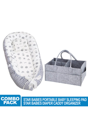Star Babies - Baby Bed Sleeping Pod - Black w/ Caddy Diaper Organizer - Grey