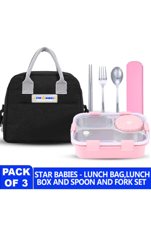 Star Babies -Insulated Lunch Bag with 304 Stainless Steel Bento Lunch Box – 4-Compartment Leak-Resistant Food Container with Stainless Steel Cutlery Set