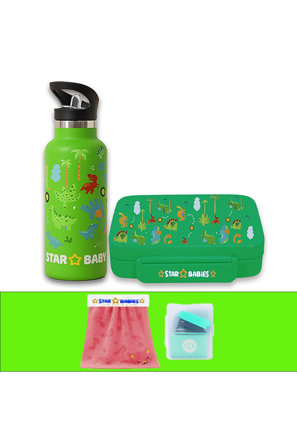 Star Babies - Star Babies Jungle Green Bento Lunch Box with 4 Compartments, BPA Free, Leak-Proof with Anti Spil Stainless Steel 500ml Water Bottles, Vacuum Insulated Double Wall Travel Bottle with Leak-Proof Straw Lid