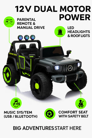 Urban Tots Luxury G-Class Ride-On Jeep for Kids – 12V Battery, Dual Motor, Music, LED Lights & Remote Control – Rechargeable Electric Car – Grey